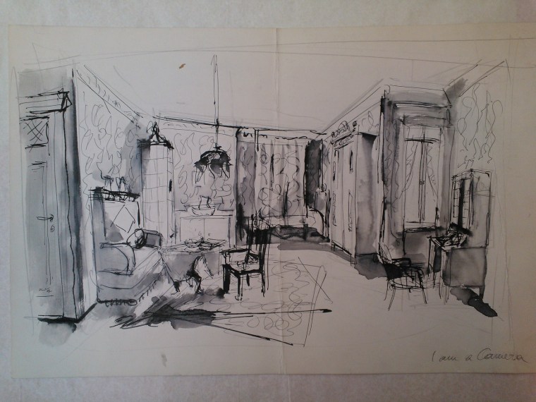 I Am a Camera (1951). Scenic and lighting design by Boris Aronson. Sketch in ink and watercolor. Image by Martha Wade Steketee.