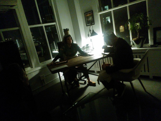 (L-R) x, Paul. A Job perofrmance review? I love the low light. Note co-director / chroegrapher Annie B. Parsons in shadows at far left.