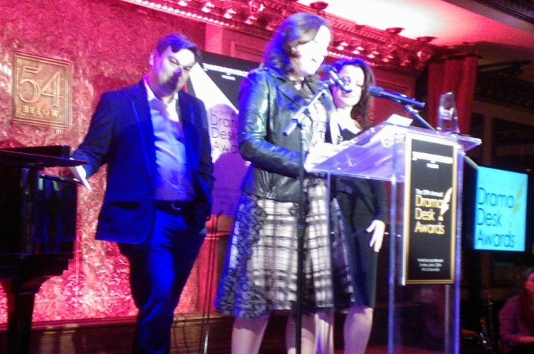 (L-R) Robert Lopez, Kristin Anderson Lopez, Fran Drescher. Image by Martha Wade Steketee. Image quality demonstrating yet again that professional photographers with real equipment do it better. But I was there.