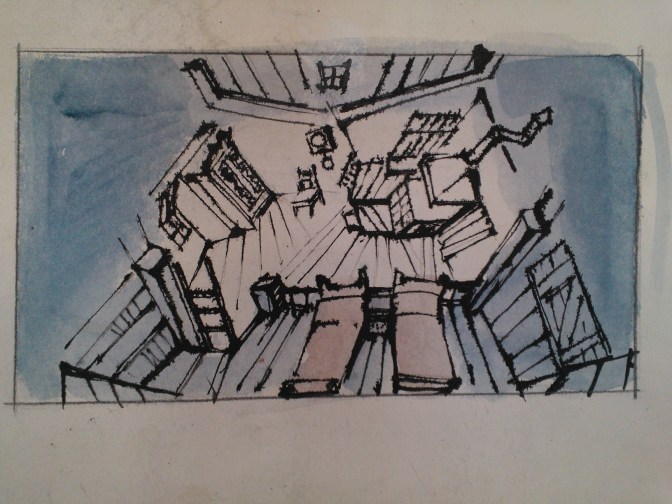 Fidder on the Roof (1964). Scenic design by Boris Aronson. Sketch in ink and watercolor. Image by Martha Wade Steketee.