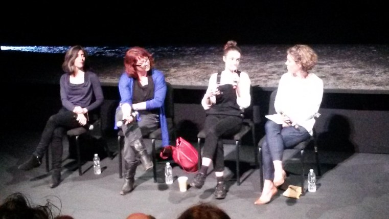 (L-R) Annie Ryan, Eimear McBride, Aoife Duffin, Paige Reynolds. Post show discussion April 22, 2016, Baryshnikov Arts Center. Image by Martha Wade Steketee.